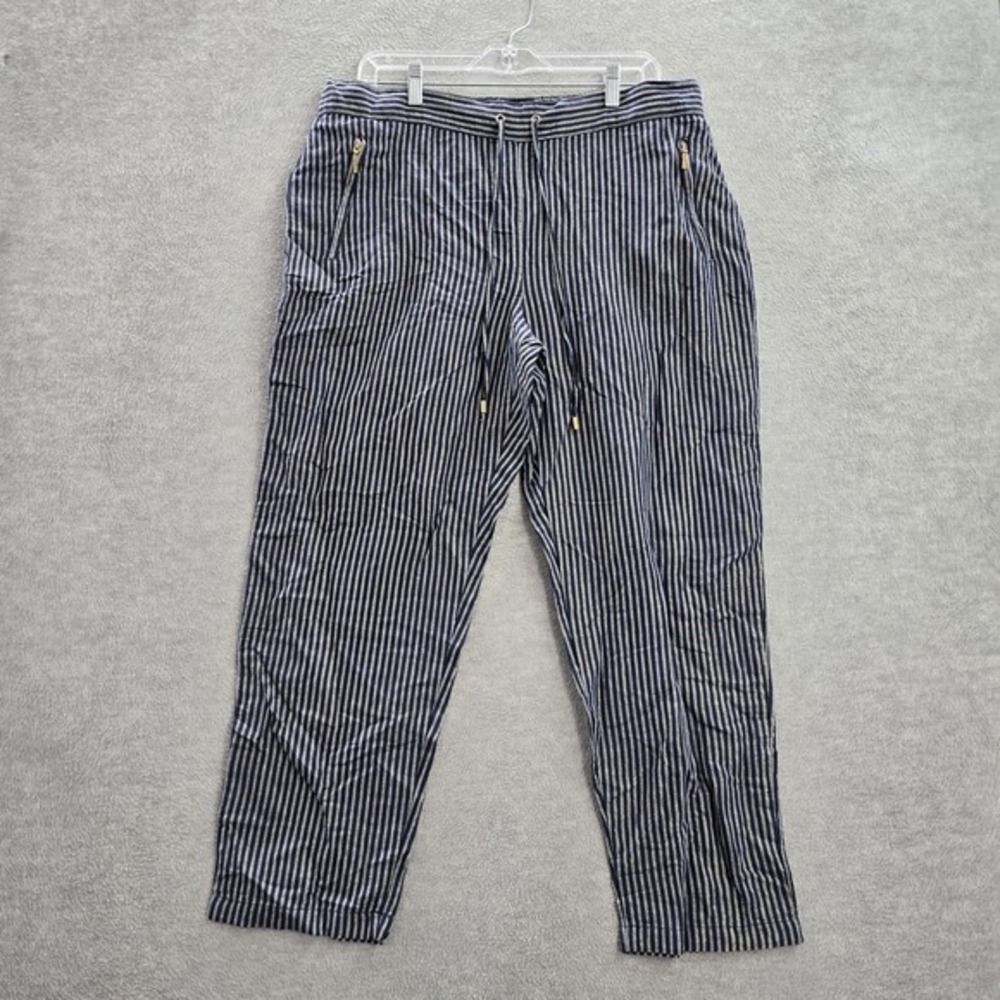 Ellen Tracy Women Pants L Blue‎ White  Linen Striped Gold Metallic Drawstring